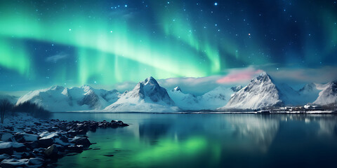 Image of mountains and rivers with the Aurora in the mountain range, which symbolizes freedom and travel.