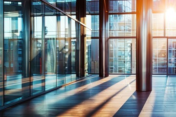 Modern Office Interior With Glass Walls And Sunlight