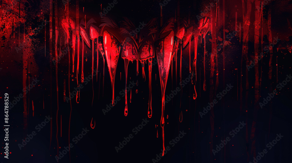Wall mural minimalist background featuring abstract vampire fangs with drops of blood in red, using clean lines