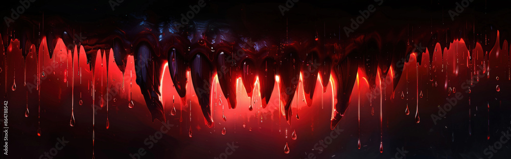 Wall mural minimalist background featuring abstract vampire fangs with drops of blood in red, using clean lines