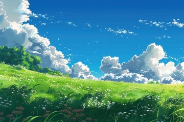 Fototapeta premium Grass Field landscape with blue sky and white cloud. Blue sky clouds sunny day wallpaper. Cartoon illustration of a Grass Field with blue sky in Summer. green field in a day.
