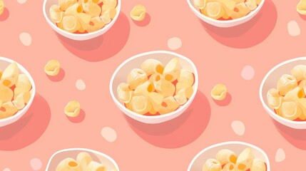 A flat style illustration of mac and cheese bowls on a light coral background