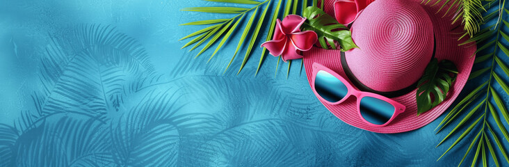 Vibrant Pink Beach Hat and Sunglasses with Tropical Leaves on Azure Blue Summer Background - 3D Rendering, Holiday Travel Concept