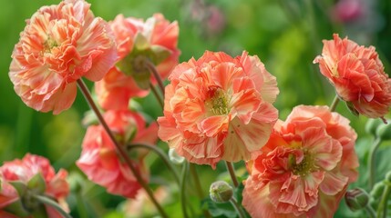 A bunch of orange flowers are in a garden. The flowers are in full bloom and are very pretty