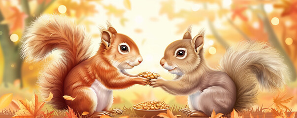 Obraz premium Two adorable squirrels sharing nuts in a beautiful autumn setting, surrounded by bright orange leaves and warm light.