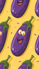 Fototapeta premium A flat style illustration of smiling eggplant slices on a pastel yellow background