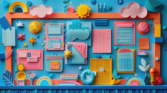 A playful paper cut depiction of a colorful bulletin board filled with class schedules, notices, and fun decorations