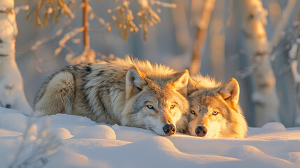 Two wolves rest peacefully in the snowy forest during a golden sunset, surrounded by birch trees, capturing the serene beauty of nature.