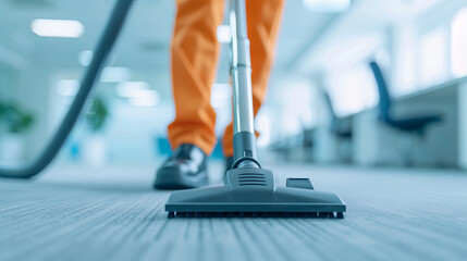 Worker cleaning an office floor with a vacuum cleaner in a modern workspace. Professional janitor maintaining a clean and tidy work environment.