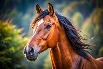 Obraz premium Majestic horse's head with a shiny coat and expressive brown eyes, eyelashes, and a slight smirk, showcasing elegance and intelligence in a natural setting.