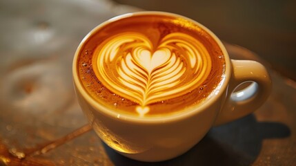 Cup of coffee with heart latte art, with a stunning macro shot and digital light effects creating an elegant atmosphere
