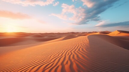 A desert landscape with a sun setting in the background. The sky is filled with clouds, giving the scene a moody and serene atmosphere