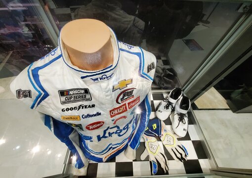 Daytona Beach, Florida, U.S - November 18, 2023 - The white and blue Nascar race suit worn by Ricky Stenhouse Jr on display