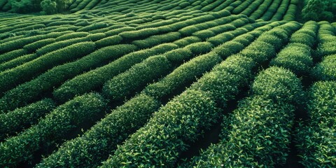 A field of green bushes with a row of bushes in the foreground