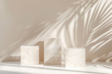 White marble podiums with a backdrop for product display or presentation mockup 