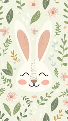 Obraz premium A cute illustration of a smiling bunny face surrounded by spring flowers and leaves in a flat style