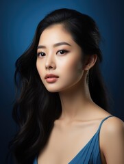 Naklejka premium A woman with long black hair and a blue dress. She has a serious expression on her face