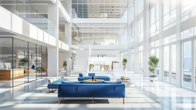 Modern, bright, and spacious open plan office interior with blue sofas and city views. Concept of collaborative workspace design, corporate environment, and startup culture.