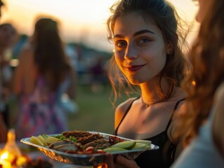 A woman is holding a tray of food and smiling. The scene is set outdoors, with a group of people gathered around her. The atmosphere is casual and friendly, as everyone seems to be enjoying the food