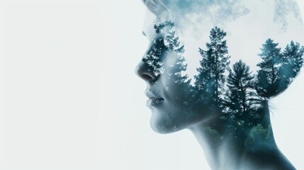 Artistic portrait of a woman combined with forest elements, double exposure, captivating and detailed, abstract beauty, serene ambiance