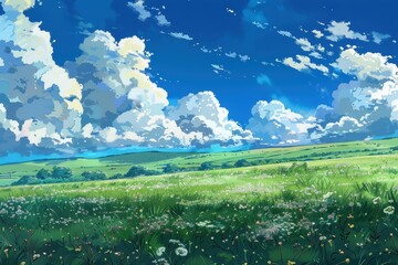 Fototapeta premium Grass Field landscape with blue sky and white cloud. Blue sky clouds sunny day wallpaper. Cartoon illustration of a Grass Field with blue sky in Summer. green field in a day.