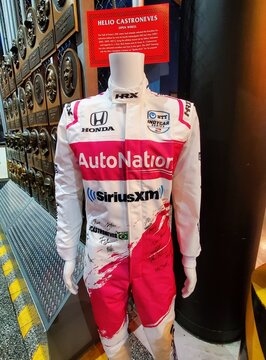 Daytona Beach, Florida, U.S - November 18, 2023 - The white and red race suit worn by Helio Castroneves on display