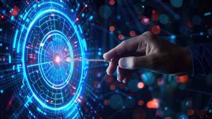 Digital target interface with hand placing a dart, representing focus in business, clean design, bright colors, high resolution