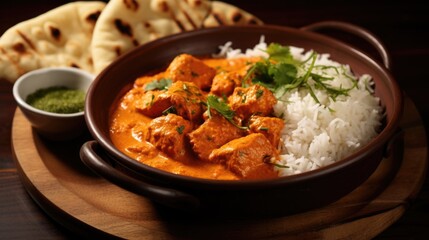 A bowl of red curry with rice and a side of bread. The dish looks delicious and inviting
