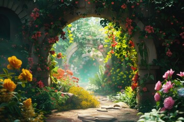 A beautiful garden with a stone archway leading to a lush green area. The archway is surrounded by a variety of colorful flowers, including roses and daisies. The garden is a peaceful and serene place