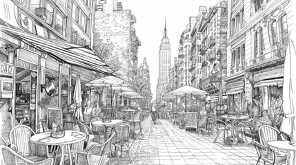 A detailed black and white sketch of a bustling urban street with outdoor cafes, shops, and a prominent tower in the background.
