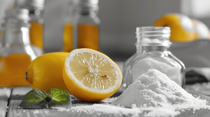 A lemon is cut in half and placed on a table next to a jar of sugar. Concept of freshness and simplicity, as the lemon and sugar are natural ingredients that can be used to create a variety of dishes