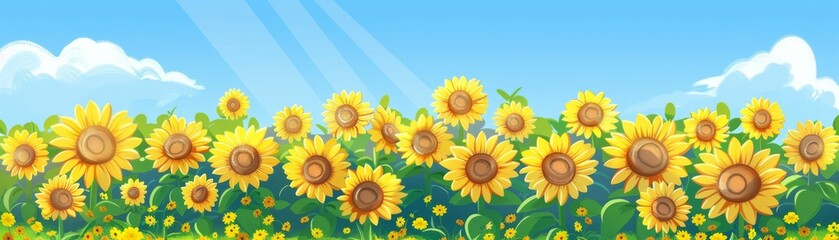 Bright sunflower field under a blue sky with white clouds, illuminated by sunlight, capturing the essence of a sunny summer day.