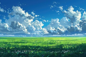 Grass Field landscape with blue sky and white cloud. Blue sky clouds sunny day wallpaper. Cartoon illustration of a Grass Field with blue sky in Summer. green field in a day.