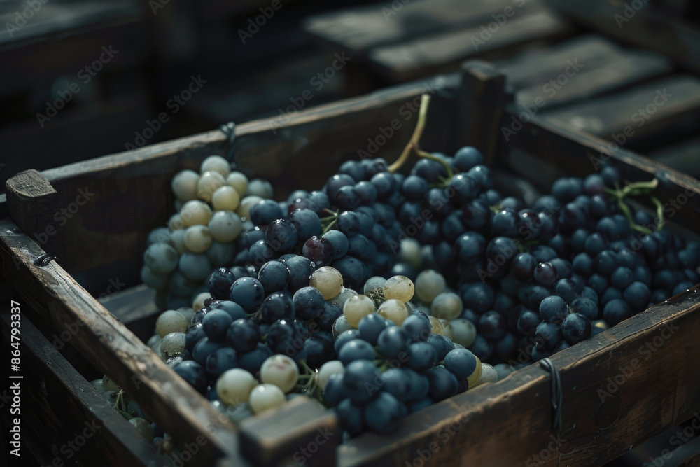 Wall mural a crate of grapes with some of them being blue and some of them being white. the crate is wooden and