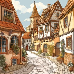 Obraz premium Charming medieval village street with cobblestone road, quaint houses, and church tower under a blue sky. Perfect for fantasy and fairytale themes.