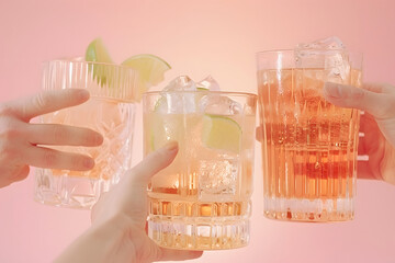 Two hands toasting with glasses of refreshing summer drinks by the pool, summer holiday concept