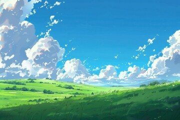 Fototapeta premium Beautiful landscape with green grass field and blue sky with white fluffy clouds in artistic painting style. Concept of nature, serenity, and summer.