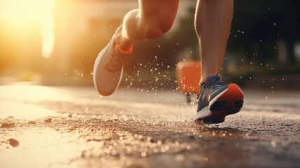 A person running in the rain with their feet splashing water. Concept of determination and perseverance, as the runner continues to push through the wet conditions