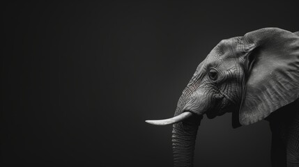 Close-up of elephant head, black and white tones, intricate texture, black background, classic and intense visual