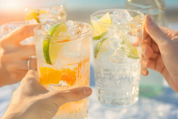 Two hands toasting with glasses of refreshing summer drinks by the pool, summer holiday concept