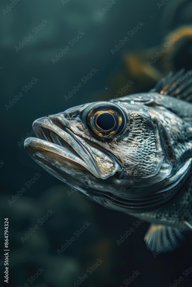 Wall mural A fish with a mouth open and a large eye. The fish is in a dark blue water - Wall murals