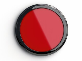 A red button with a black border. The button is shiny and reflective. It is a simple design with no text
