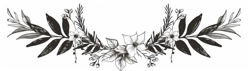 Fototapeta premium Elegant black and white floral ornamental design featuring detailed leaves and flowers, perfect for invitations, cards, and artistic projects.