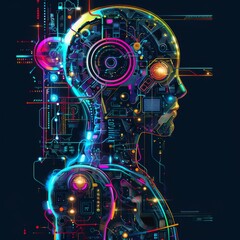 Fototapeta premium Futuristic AI robot with neon lights and intricate circuitry, representing technology and innovation in artificial intelligence.