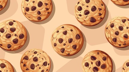 A flat style illustration of chocolate chip cookies on a light brown background
