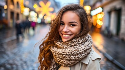 A woman with long brown hair is smiling and wearing a scarf. She is standing on a wet street in the rain