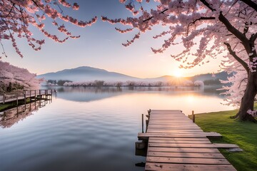 Serene lake with a wooden jetty surrounded by Cherry Blossom tree. Generated by ai