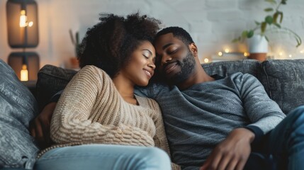 Fototapeta premium A man and woman are cuddling on a couch. The woman is wearing a sweater and the man is wearing a shirt. They are both smiling and seem to be enjoying each other's company