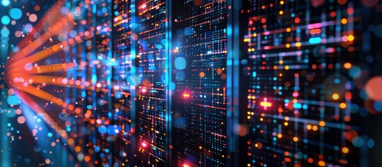 Obraz premium A vibrant and futuristic data center showcasing colorful lights and digital connections, symbolizing advanced technology and network infrastructure.