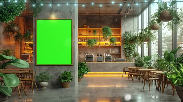 Advertising interior Billboard with Green Screen on restaurant animation video background